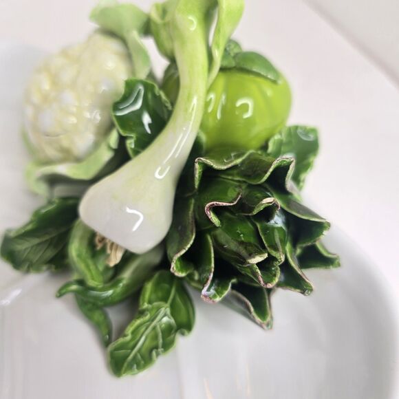 VTG White Leaf Plate Dish W/ 3D Vegetables Italy Cauliflower Artichoke - Picture 8 of 16